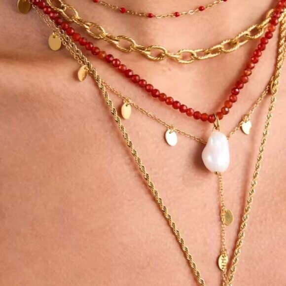 Red Agate Beaded Necklace Large Pearl Necklace Waterproof Summer Beach Jewelry - Picture 7 of 11